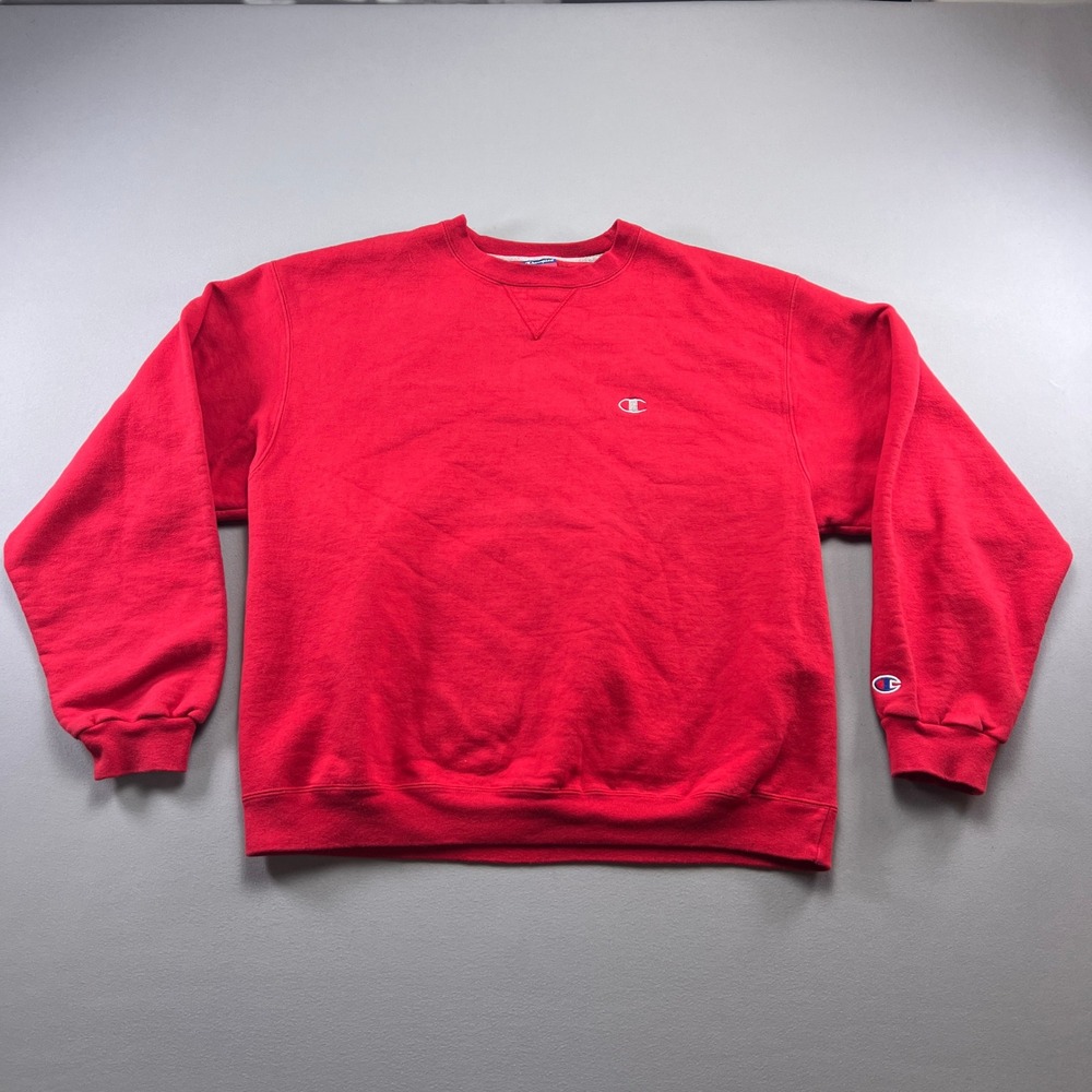 Vintage Champion Sweatshirt Mens Large Red Fleece Lined Logo Cotton V Inset Neck